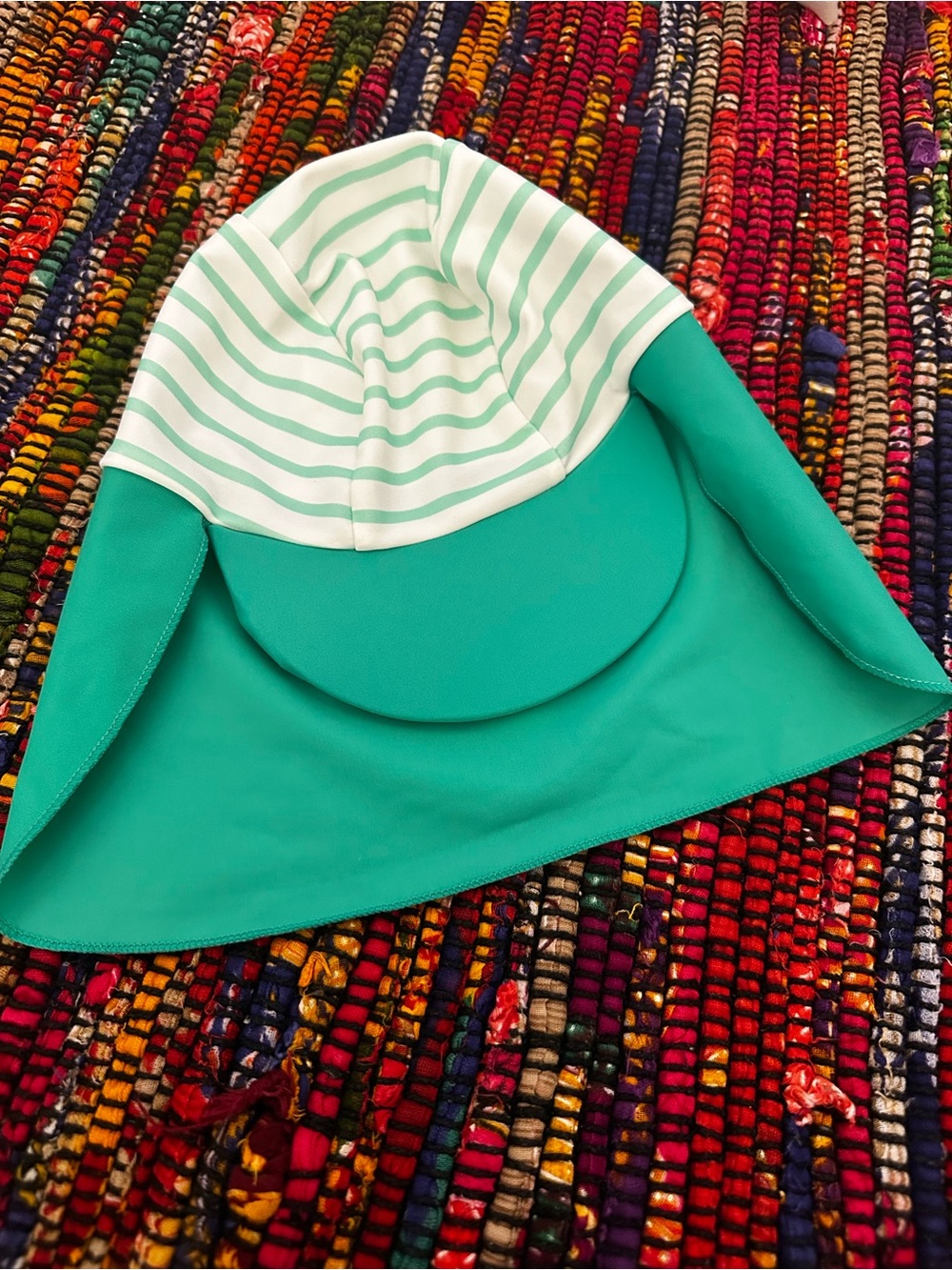 Aqua/Turquoise Swim Sun Hat covers neck and ears says 2T but it’s a bit small